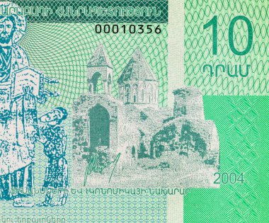 Gandzasar manastırı ve İsa 'nın resimli 10 Dram Dağlık Karabağ Banknotu. Nagorno Karabakh 'ın parası. Tanınmayan Cumhuriyet.
