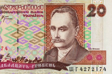 Ukrayna 'dan Ivan Franko' nun portresiyle birlikte 20 Hryvnia banknotu. Ukrayna 'nın kağıt parası.