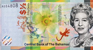 50 sent Bahamalar, yarım dolar ve Kraliçe II. Elizabeth 'in portresi. Bahamalar 'ın parası. Büyük Britanya kolonilerinin parası..