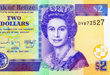 2 Dolar Belize ve Kraliçe II. Elizabeth 'in portresi. Belize 'nin parası. Büyük Britanya kolonilerinin parası..