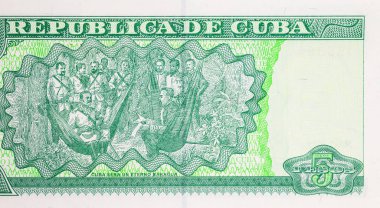 5 peso, Küba 1878 'de Mangos de Baragua' da A. Maceo ve İspanyol General A. Martinez Campos arasında konferans düzenlendi. Kâğıt para Küba.