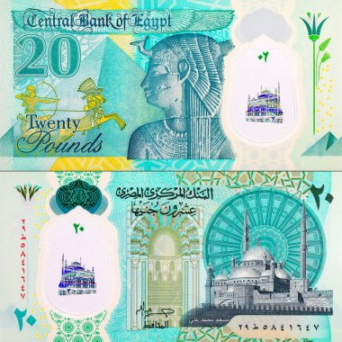 20 Pound Mısır 'da Kraliçe Kleopatra ve Büyük Piramitlerin portresi var. Mısır 'ın ulusal para birimi. Polimer para.