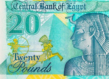20 Pound Mısır 'da Kraliçe Kleopatra ve Büyük Piramitlerin portresi var. Mısır 'ın ulusal para birimi. Polimer para.