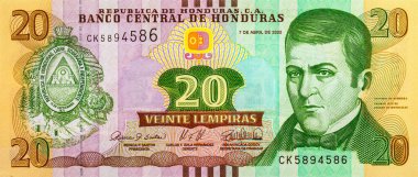 Dionisio de Herrera 'nın portresiyle 20 Lempiras Honduras. Honduras 'ın kağıt parası.