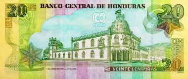 20 Lempiras Honduras, Tegucigalpa 'daki Yasama Sarayı' nın resmi. Honduras 'ın kağıt parası.