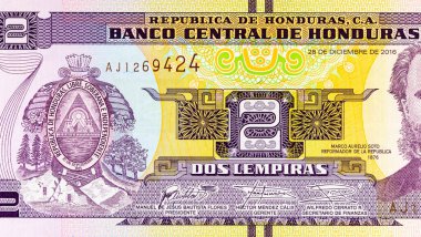 2 Lempiras, Honduras, 2019 with a portrait of Former President Marco Aurelio Soto. Honduran money