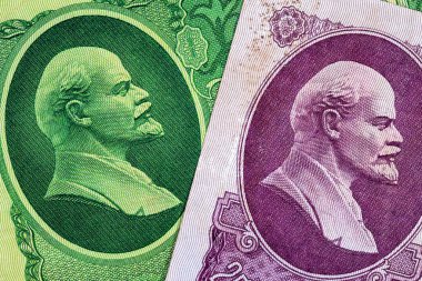 SSCB 'nin 25 ve 50 ruble banknotunda Vladimir Lenin' in portresi. Sovyet Birliğinin Parası