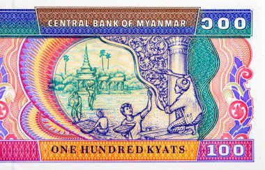 100 Kyats Myanmar, çalışan insanların ve geleneksel mimarinin görüntüleri. Myanmar 'ın Eski Kağıt Parası