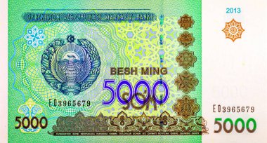 Özbekistan ambleminin resmedildiği 5000 Sum Özbekistan. Özbekistan 'ın kağıt parası