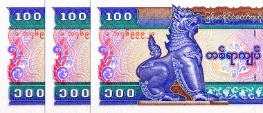 100 Kyats, Myanmar, 1997, efsanevi Chinta Lion resmi. Myanmar 'ın Eski Kağıt Parası
