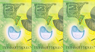 2 Kina Papua Yeni Gine, Milne Bay Eyaleti 'nden Kula kol bandı, Hagen Dağı baltası resmi, Bougainville' den oyulmuş köpek dişleri. Polimer para Papua Yeni Gine.