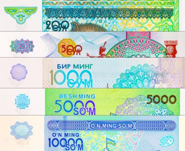 200 Som Özbekistan, Sher-Dor Madrasah 'da Semerkant' ta bir kaplan mozaiğine sahip. Özbekistan 'ın Parası.