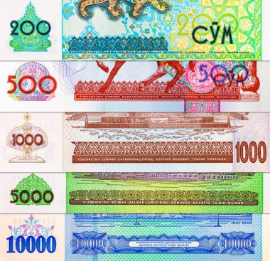 200 Som Özbekistan, Sher-Dor Madrasah 'da Semerkant' ta bir kaplan mozaiğine sahip. Özbekistan 'ın Parası.