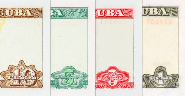 Çeşitli mezheplerden Küba pezosu banknotları. Küba 'nın kağıt parası