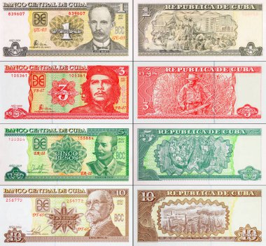 Çeşitli mezheplerden Küba pezosu banknotları. Küba 'nın kağıt parası
