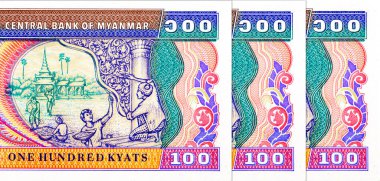 100 Kyats Myanmar, çalışan insanların ve geleneksel mimarinin görüntüleri. Myanmar 'ın Eski Kağıt Parası