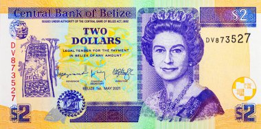 2 Dolar Belize ve Kraliçe II. Elizabeth 'in portresi. Belize 'nin parası. Büyük Britanya kolonilerinin parası..
