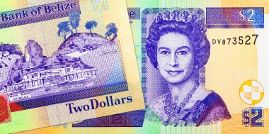 2 Dolar Belize ve Kraliçe II. Elizabeth 'in portresi. Belize 'nin parası. Büyük Britanya kolonilerinin parası..