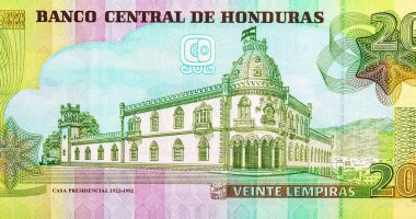 20 Lempiras Honduras, Tegucigalpa 'daki Yasama Sarayı' nın resmi. Honduras 'ın kağıt parası.
