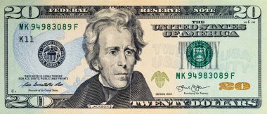 Tasarım amaçlı 20 dolarlık banknot. Çeşitli Amerikan banknotlarına yakın çekim. ABD para birimi.