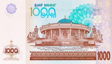 Taşkent 'teki Amir Timur Müzesi' nin resmiyle 1000 Som Özbekistan. Özbekistan 'ın Parası.