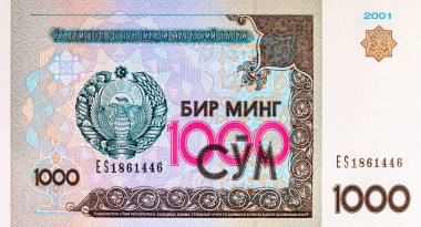 1000 Som Özbekistan, amblem ve ulusal sembollerle. Özbekistan 'ın Parası.