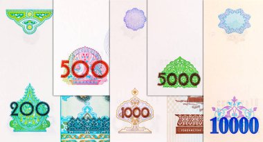 200 Som Özbekistan, Sher-Dor Madrasah 'da Semerkant' ta bir kaplan mozaiğine sahip. Özbekistan 'ın Parası.