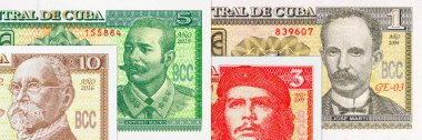 Çeşitli mezheplerden Küba pezosu banknotları. Küba 'nın kağıt parası