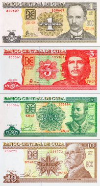 Çeşitli mezheplerden Küba pezosu banknotları. Küba 'nın kağıt parası