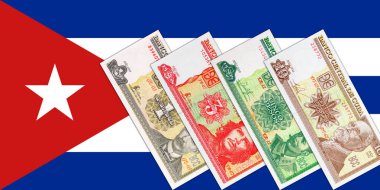 Küba bayrağında Küba pezosu banknotları. Küba 'nın kağıt parası
