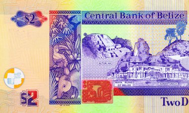 2 Dolar, Belize 'de Maya harabeleri. Belize 'nin ulusal para birimi. Büyük Britanya kolonilerinin parası..