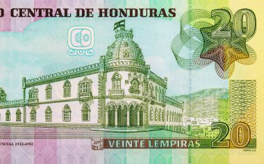20 Lempiras Honduras, Tegucigalpa 'daki Yasama Sarayı' nın resmi. Honduras 'ın kağıt parası.