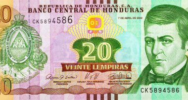 Dionisio de Herrera 'nın portresiyle 20 Lempiras Honduras. Honduras 'ın kağıt parası.