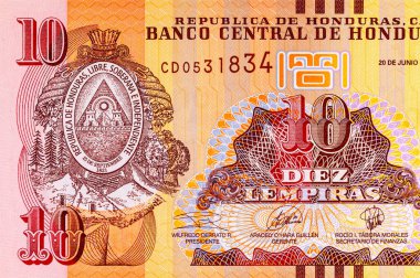 10 Lempiras, Honduras, 2019 Jose Trinidad Cabanas 'ın portresiyle. Honduras parası