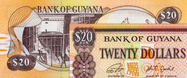 İçinde gemi inşaatı ve feribot gemisi Malali resmi olan 20 dolarlık Guyana. Guyana 'nın parası.