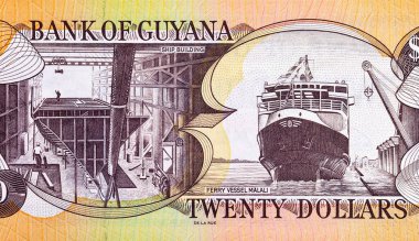 İçinde gemi inşaatı ve feribot gemisi Malali resmi olan 20 dolarlık Guyana. Guyana 'nın parası.