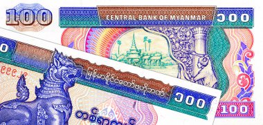 100 Kyats Myanmar, çalışan insanların ve geleneksel mimarinin görüntüleri. Myanmar 'ın Eski Kağıt Parası