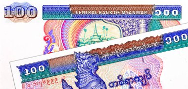 100 Kyats Myanmar, çalışan insanların ve geleneksel mimarinin görüntüleri. Myanmar 'ın Eski Kağıt Parası