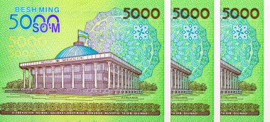 Taşkent 'teki Ulusal Meclis' in (Oliy Majlis) görüntüsüne sahip 5000 Sum Özbekistan. Özbekistan 'ın kağıt parası