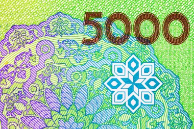 5000 Sum Özbekistan ulusal süs ve tasarım için banknotun parçalarının görüntüsüyle. Özbekistan 'ın kağıt parası