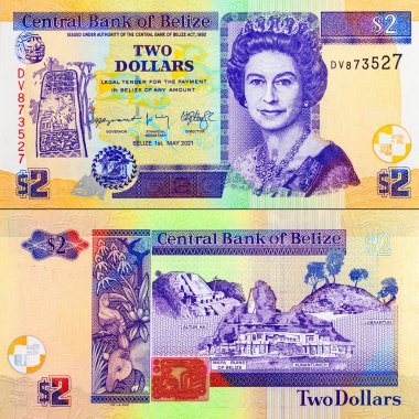2 Dolar Belize ve Kraliçe II. Elizabeth 'in portresi. Belize 'nin parası. Büyük Britanya kolonilerinin parası..