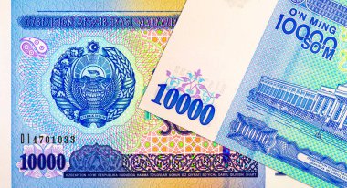 Ulusal amblemin resmedildiği 10000 Özbekistan. Özbekistan 'ın kağıt parası