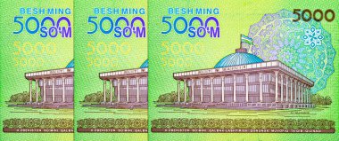 Taşkent 'teki Ulusal Meclis' in (Oliy Majlis) görüntüsüne sahip 5000 Sum Özbekistan. Özbekistan 'ın kağıt parası