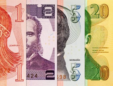 Lempira, çeşitli mezheplerden Honduras 'ı finanse ediyor. Honduras 'ın kağıt parası..