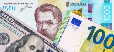 Avrupa Birliği 'nden 100 Euro ve Ukrayna' dan 1000 Hryvnia. Avrupa 'nın parası. Ukrayna 'nın parası.