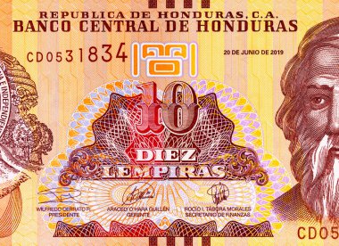 10 Lempiras, Honduras, 2019 Jose Trinidad Cabanas 'ın portresiyle. Honduras parası
