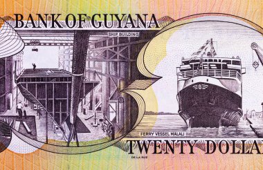İçinde gemi inşaatı ve feribot gemisi Malali resmi olan 20 dolarlık Guyana. Guyana 'nın parası.