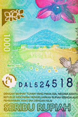 Tasarım için banknotun bir parçasıyla 1000 Rupiah Endonezya. Endonezya 'nın kağıt parası