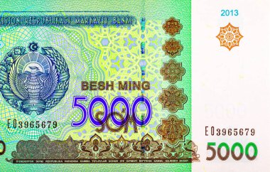 Özbekistan ambleminin resmedildiği 5000 Sum Özbekistan. Özbekistan 'ın kağıt parası