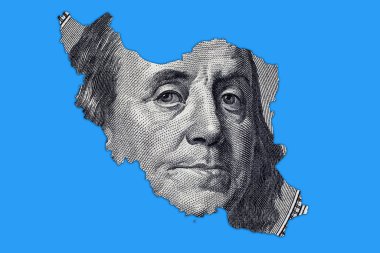 Amerika Birleşik Devletleri 'nin 100 dolarlık banknotunun bir parçasıyla İran haritası. İran-ABD çatışması